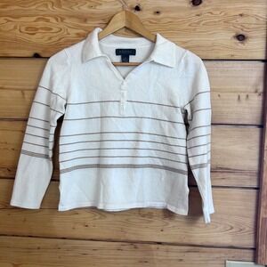 Mantles White Tan Striped Wool Blend Polo Sweater Long Sleeve Large